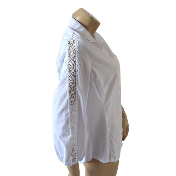 Zac & Rachel Womens Large White Button Up Shirt Crochet Sleeve Collared Blouse - Picture 3 of 9